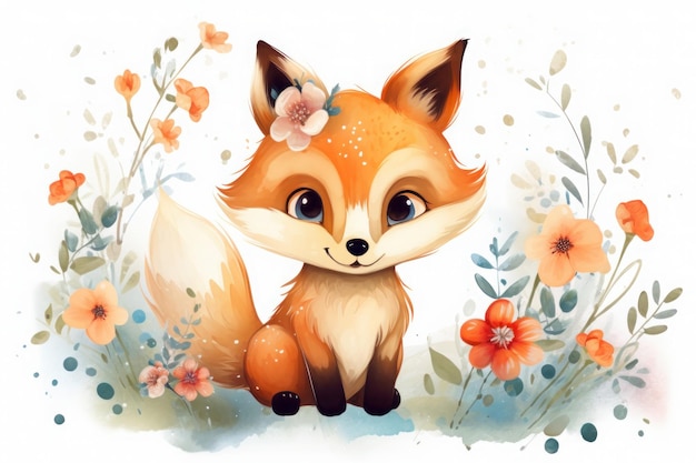 Illustration kleiner Fuchs mit Blumen für Kinder