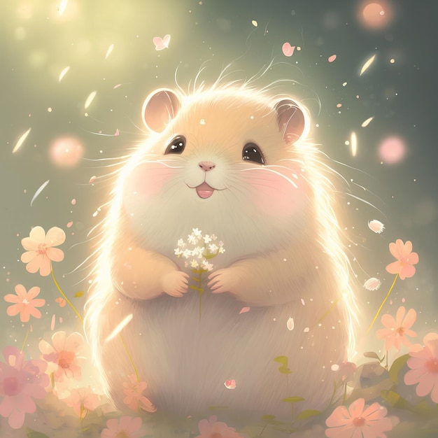 Illustration kleiner Hamster mit Blumen Kindermärchen Generative AIxA