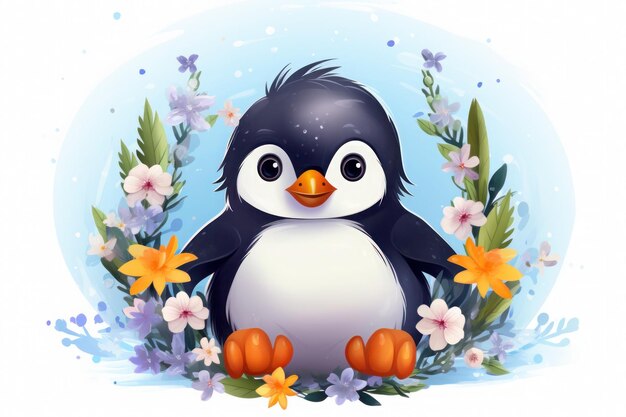 Illustration kleiner Hasenpinguin mit Blumen