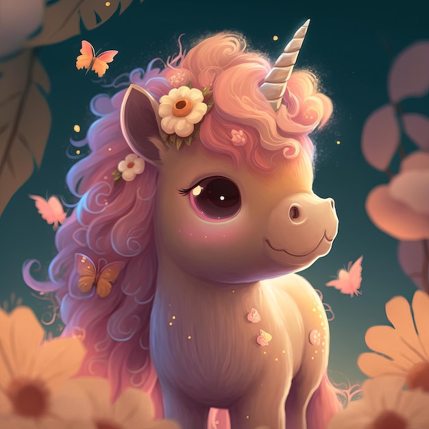 Illustration kleines Einhorn sitzt mit Blumen Kindermärchen Generative KI