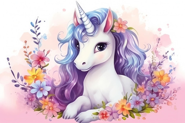 Illustration kleines Einhorn sitzt mit Blumen