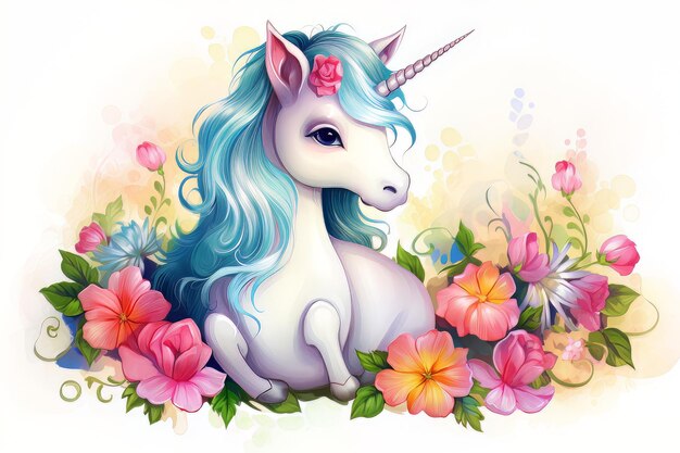 Illustration kleines Einhorn sitzt mit Blumen