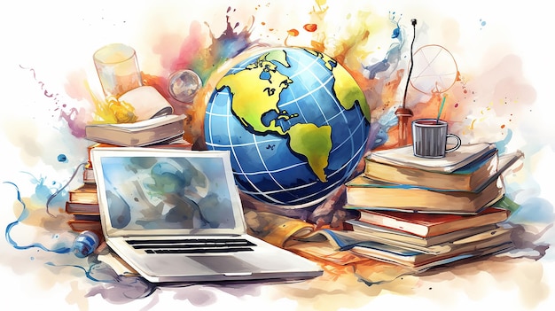 Illustration komplexer Hintergrund globaler Bildung Laptop und internationales Lernsystem