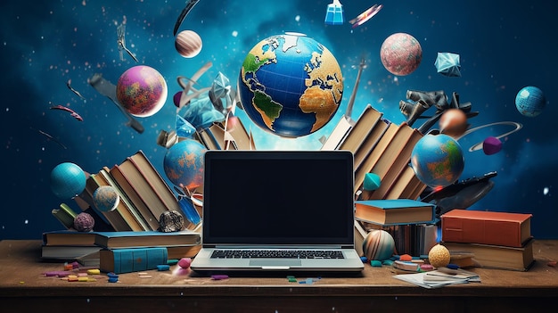 Illustration komplexer Hintergrund globaler Bildung Laptop und internationales Lernsystem