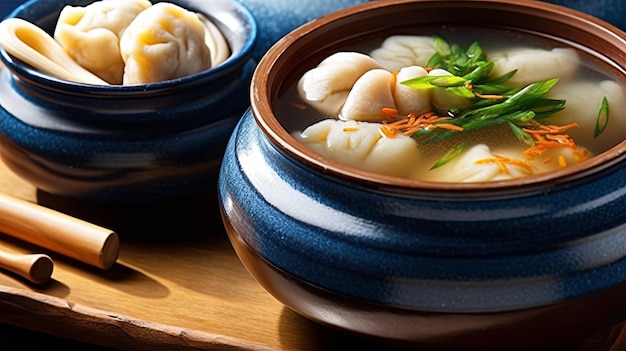 Illustration Koreanisches Neujahrs Reiskuchen Suppe in Blau