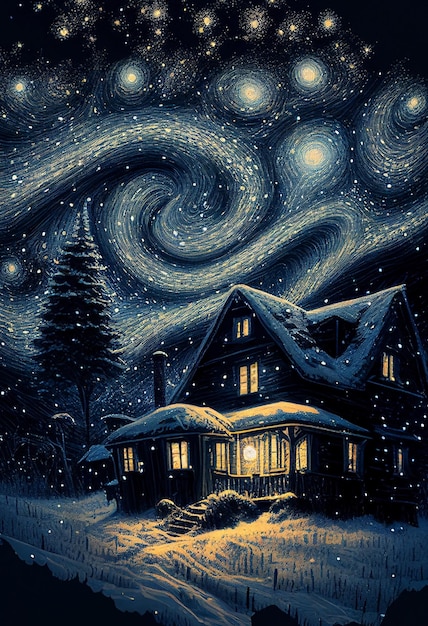 Illustration Ölfarbe Haus und Schnee am Sternenhimmel Winter Erstellt mit generativer KI-Technologie