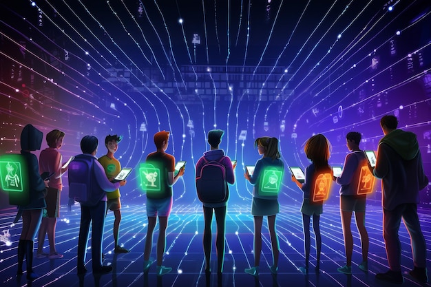 Illustration mehrerer Menschen, die Zukunftstechnologie genießen