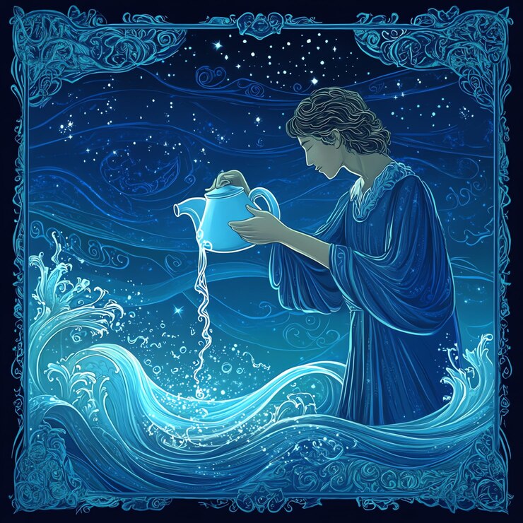 Foto illustration mit dem bild der jungfrau maria, die wasser aus einer teekanne gießt