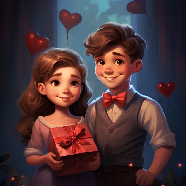 Illustration mit einem Jungen und einem Mädchen, die am Valentinstag Geschenke halten