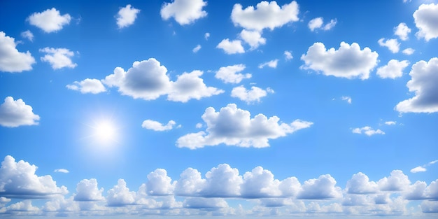 Illustration mit einem schönen blauen Himmel mit Cumulus-Wolken und einer hellen Sonne Hintergrund mit bewölktem Himmel Sonniger Frühlings- oder Sommertag Generative KI