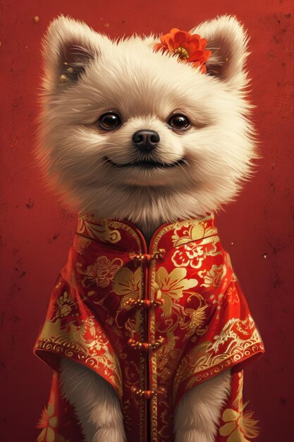 Foto illustration mit einem weißen pommern-hund, der in traditioneller chinesischer kleidung geschmückt ist