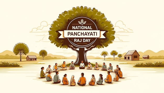 Illustration mit einer Gruppe von Menschen, die für den Panchayati Raj-Tag unter einem großen Baum sitzen