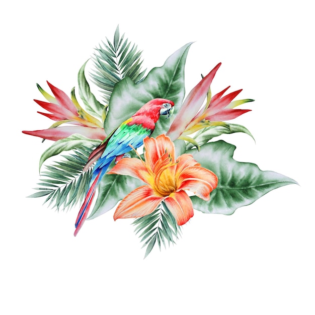 Illustration mit tropischem Papagei und Blumen Palm Lily Aquarellillustration Hand gezeichnet