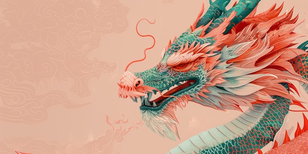 Illustration mythischer Drache in einem chinesisch inspirierten Stil in Pfirsichrosa und grüner Farbe Kopieren Sie den Raum