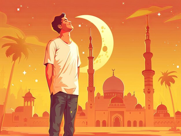 Illustration Ramadan ein muslimischer Mann betet vor der Moschee