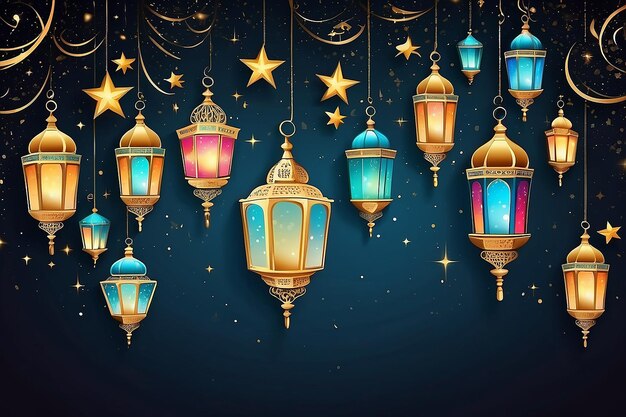 Illustration Ramadan Kareem Hintergrund mit Lampen Fanoos Halbmond und Sterne Vektor