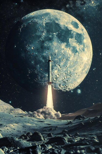 Illustration Raumfährenrakete fliegt über der Erde vor dem Mond