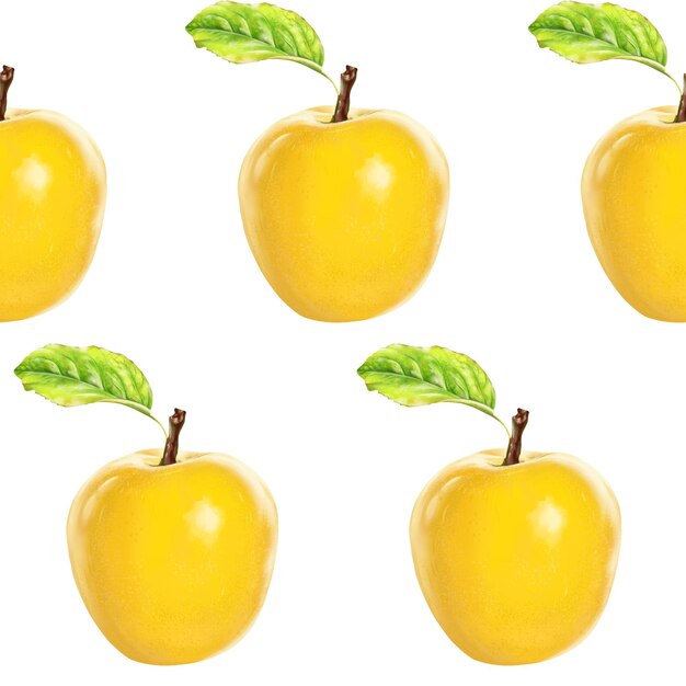 Illustration Realismus nahtlose Muster Obst Apfel gelbe Farbe auf einem weißen isolierten Hintergrund hoch