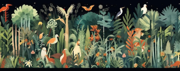Illustration schwarzer Strich einer Landingpage für Website-Landschaft, Blume, Tiere, Baum, generative KI