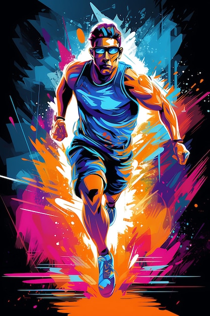 Illustration Sprinting Explosive Energy Vibrant Neon Farbschema Graffit Flach 2D Sportkunst Poster