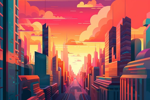 Illustration Stadt Futuristische moderne Cyberstadt, die die Sonne übertrifft