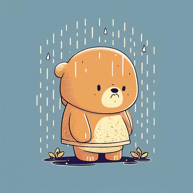 Illustration süßer Teddybär, der allein an einem regnerischen Tag steht Erstellt mit generativer KI-Technologie