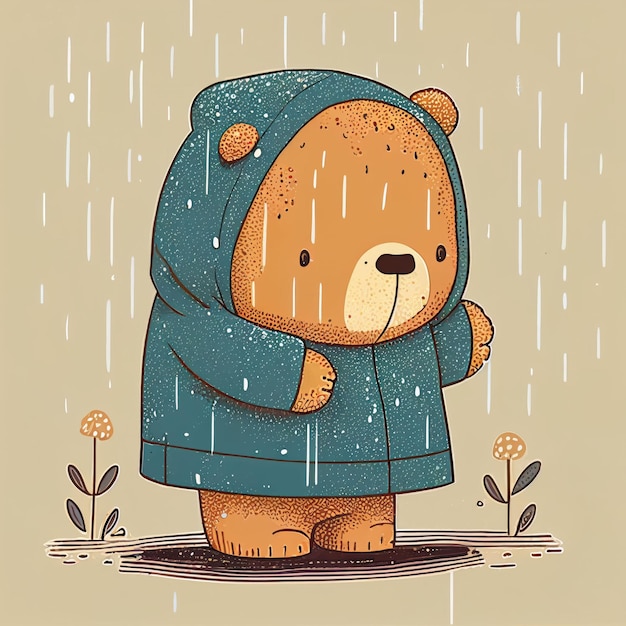 Illustration süßer Teddybär, der allein an einem regnerischen Tag steht Erstellt mit generativer KI-Technologie