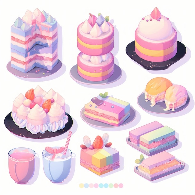 Illustration süßes Stück Kuchen-Set und Dessert Pastellfarbe mit generativer KI-Technologie erstellt