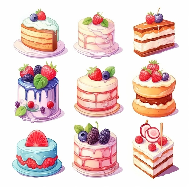 Illustration süßes Stück Kuchen-Set und Dessert