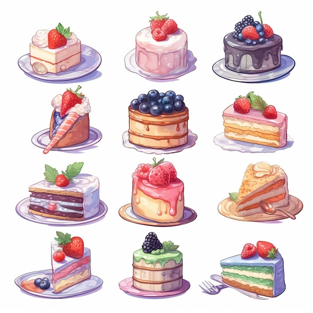 Illustration süßes Stück Kuchen-Set und Dessert