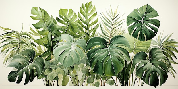 Illustration trendiger tropischer Grünpflanzen, Monstera, Monstera-Palme und Ficus