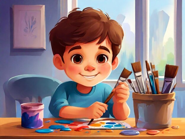 Illustration Vektorgrafik von Happy Cute Boy Malerei Perfekt für Maskottchen Kinder Buchcover Kinder Buchillustrationen Tapeten Kinder Broschüre Puzzle usw.