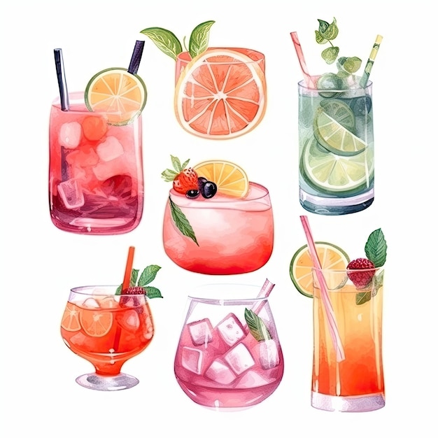 Illustration verschiedener erfrischender Cocktails, die man im Sommer trinken kann. Konzept eines alkoholischen und erfrischenden Getränks