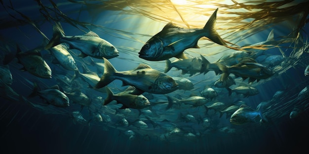 Illustration verschiedener Fische unter Wasser, von unten aus gefilmt.