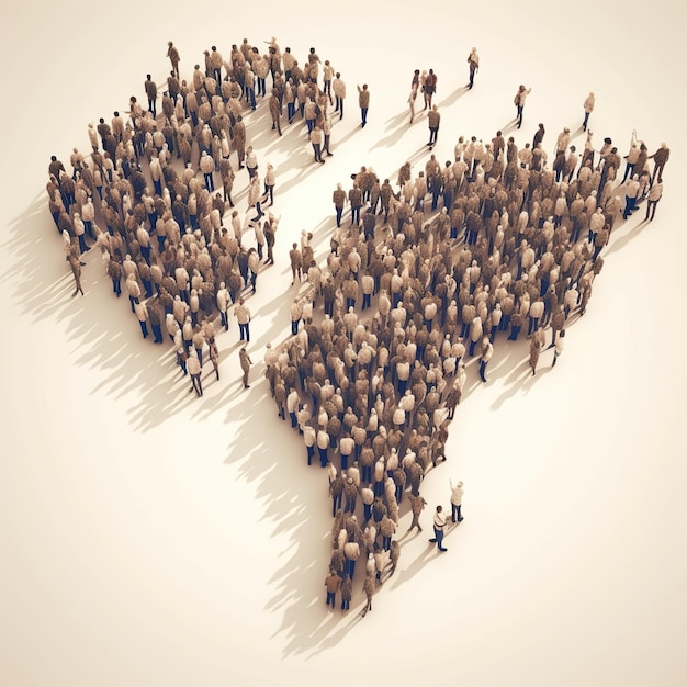 Illustration verschiedener Menschen oder Personengruppen in Form einer von der KI generierten Weltkarte