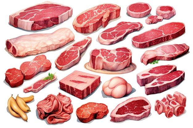 Illustration verschiedener roher Fleischsorten auf weißem Hintergrund