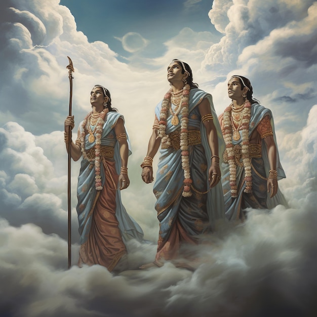 Illustration von 4 hinduistischen Männern, die in einer Reihe in den Wolken stehen und nach unten schauen