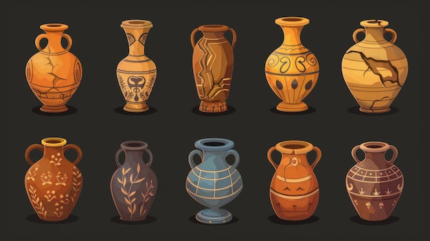 Illustration von alten Vasen mit isolierten Ornamentmustern auf schwarzem Hintergrund Illustration antiker Töpferwaren braune Tonkrüge Amphoren keramische Urnen Ausstellungen im Geschichtsmuseum