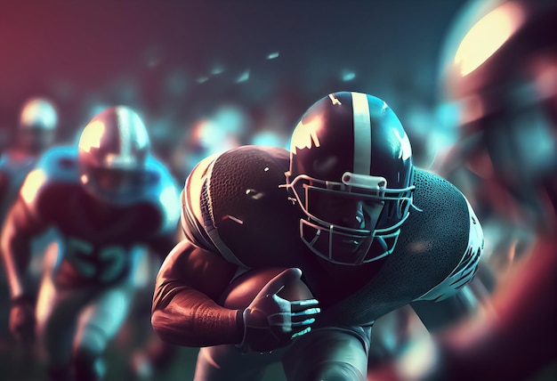 Illustration von American-Football-Spielern beim Touchdown im richtigen Stadion, Lichter Ai