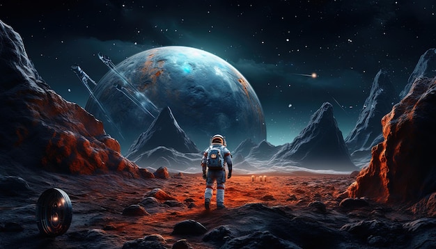 Illustration von Astronauten in Raumanzügen, die entfernte Planeten erkunden