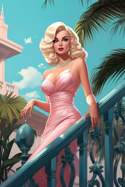 Foto illustration von barbie, die in von ki generierter abendkleidung die treppe herunterkommt