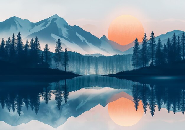 Illustration von Berglandschaft Waldsee und Berge im Nebel