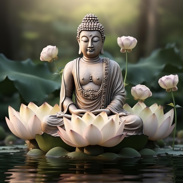 Foto illustration von buddha, der auf einer lotusblume sitzt. buddhistischer arta-lotus