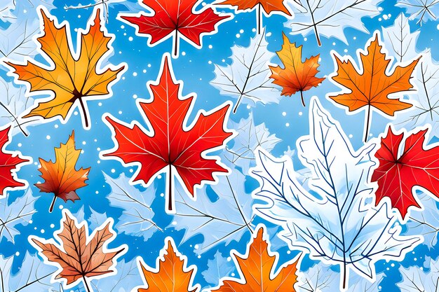 Illustration von bunten Ahornblättern auf winterlichem Hintergrund