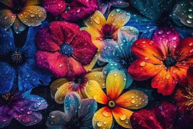 Illustration von bunten Blumen, die mit glitzernden Wassertropfen bedeckt sind Generative KI