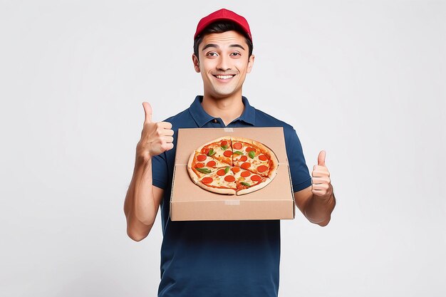 Illustration von Delivering Pizza Daumen nach oben von fröhlichem jungen Liefermann, der eine Pizza-Schachtel hält, während er auf weißem Hintergrund isoliert ist