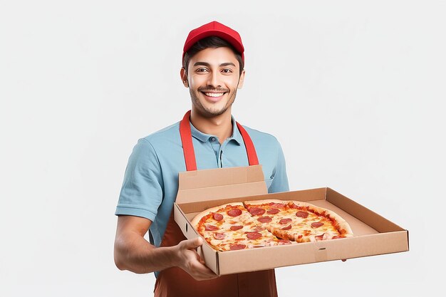 Illustration von Delivering Pizza Daumen nach oben von fröhlichem jungen Liefermann, der eine Pizza-Schachtel hält, während er auf weißem Hintergrund isoliert ist