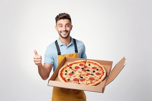 Illustration von Delivering Pizza Daumen nach oben von fröhlichem jungen Liefermann, der eine Pizza-Schachtel hält, während er auf weißem Hintergrund isoliert ist