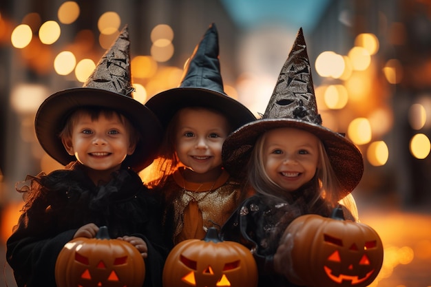 Illustration von drei kleinen Kindern in Kostümen, die Halloween zusammen mit Generative AI feiern