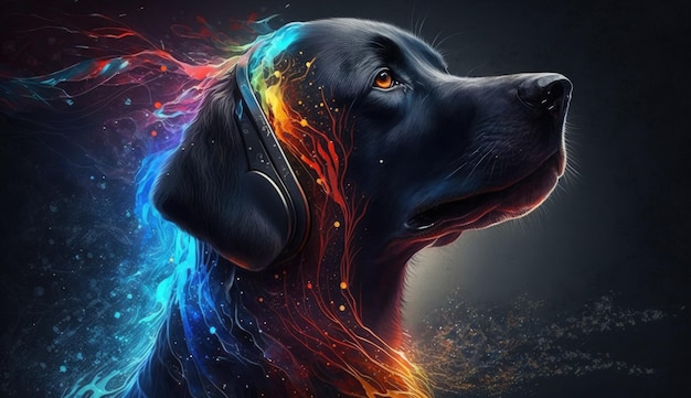 Illustration von einem schwarzen Labrador mit Hundekopf in Kopfhörern.